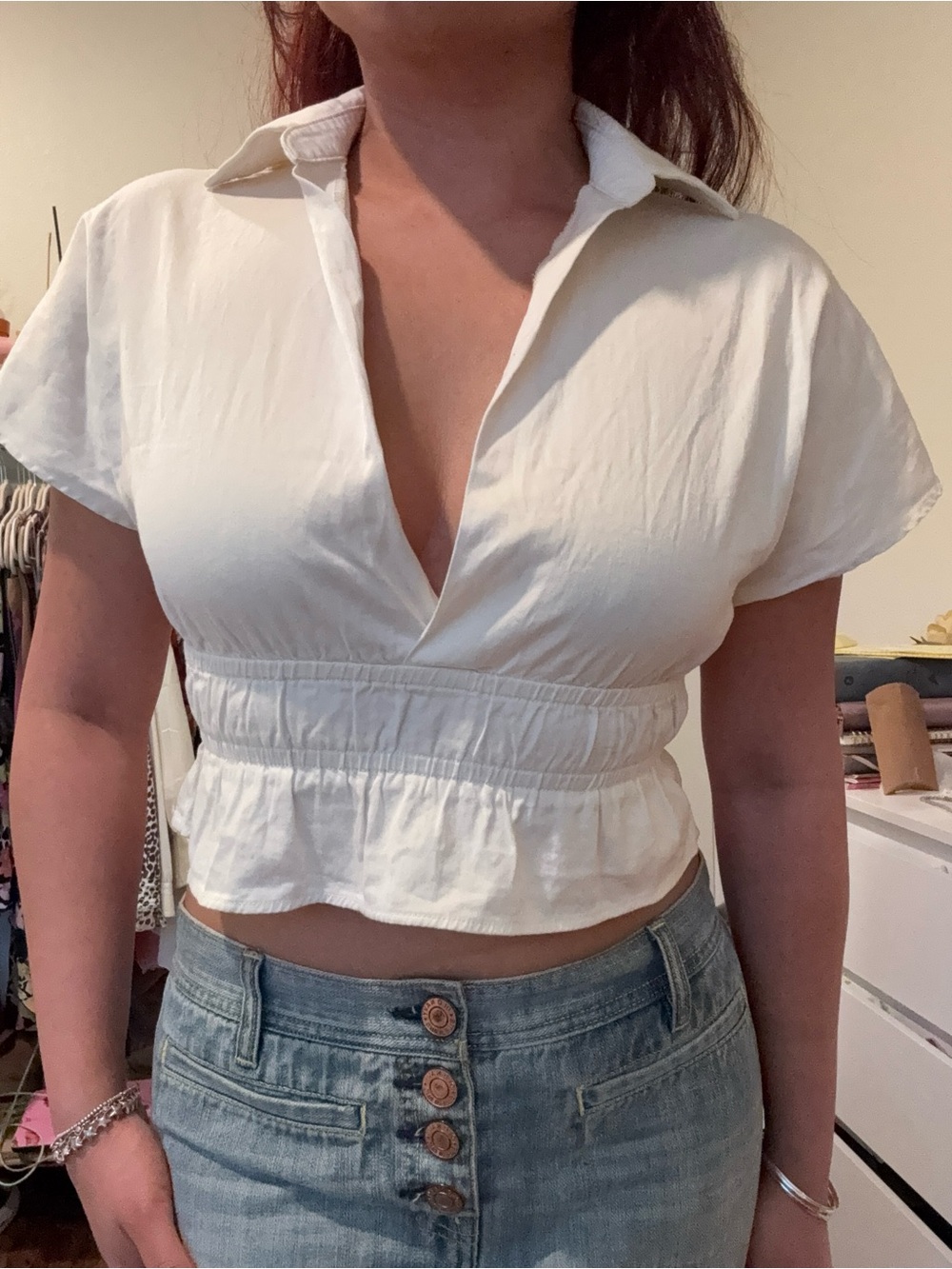 White Cropped Collared Waist-Detail Top